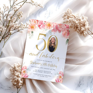 Rosa und goldfarbenes Foto 50. Geburtstag Einladung