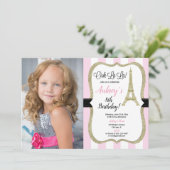 Rosa und goldfarbenes Pariser Eiffelturm - Foto Einladung (Stehend Vorderseite)