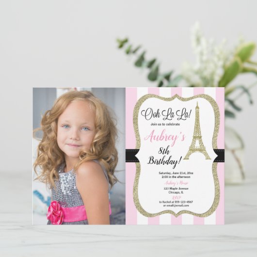 Rosa und goldfarbenes Pariser Eiffelturm - Foto Einladung (Stehend Vorderseite)