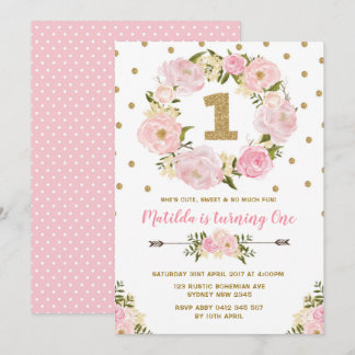 Rosa und Goldfloral Erster Geburtstag Party Einlad Einladung