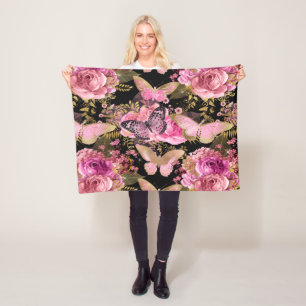 Rosa und Goldfolien-Blumenschmetterlings-Muster Fleecedecke