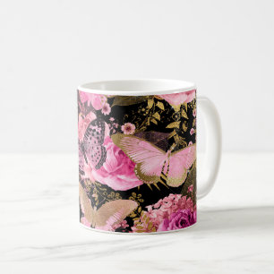 Rosa und Goldfolien-Blumenschmetterlings-Muster Kaffeetasse