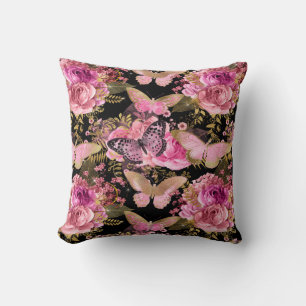 Rosa und Goldfolien-Blumenschmetterlings-Muster Kissen