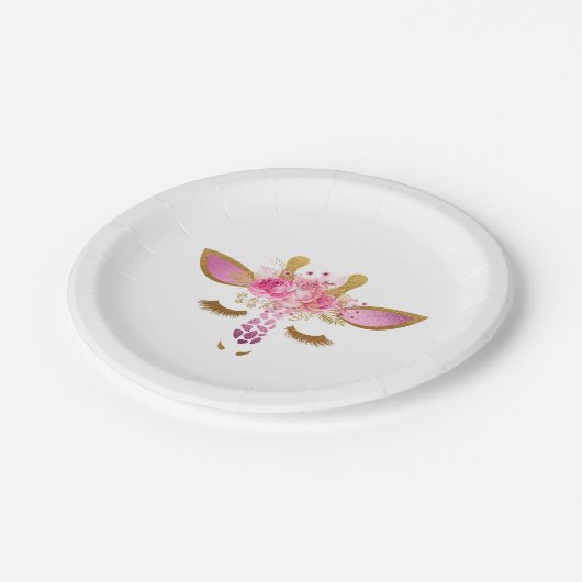 Rosa-und Goldgiraffen-Papier-Teller Pappteller (Schrägansicht)