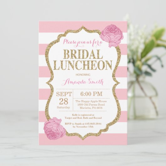 Rosa-und GoldGlitzer-Brautmittagessen-Einladung Einladung (Stehend Vorderseite)