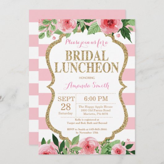 Rosa-und GoldGlitzer-Brautmittagessen-Einladung Einladung (Vorne/Hinten)
