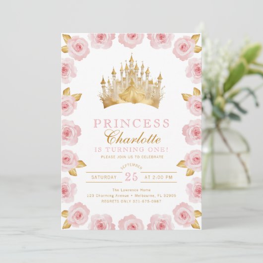 Rosa und Goldprinzessin Rose Geburtstag Einladung (Stehend Vorderseite)