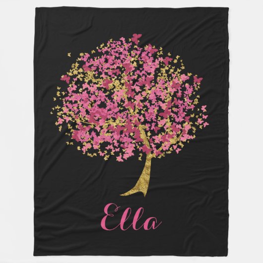 Rosa und Goldschmetterlings-Baum Fleecedecke (Vorderseite)