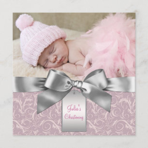 Rosa und Grau Baby Mädchen Foto Taufe Einladung