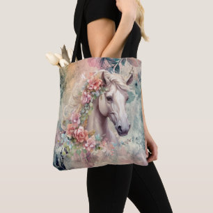 Rosa und Grau florales Muster Weißer Pferdekopf Tasche