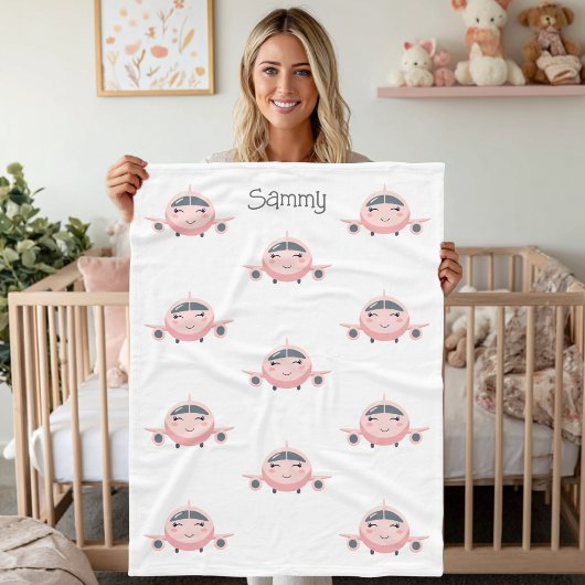 Rosa und Grau Flugzeug Mädchen Name Personalisiert Fleecedecke