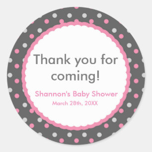Rosa und Grau gepunkteter Baby Shower Party Aufkle Runder Aufkleber