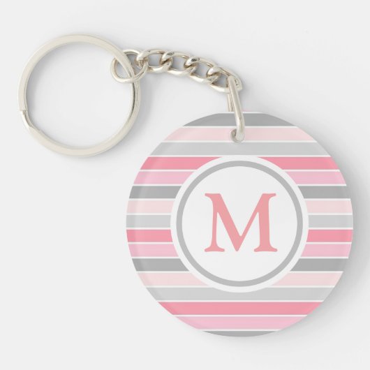 Rosa und Grau gestreifte Monogramm Schlüsselanhänger (Vorderseite)