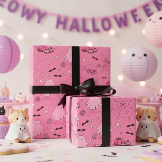 Rosa und Grau Halloween Niedliches Katzenghost Geschenkpapier