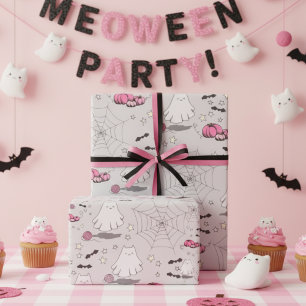 Rosa und Grau Halloween Niedliches Katzenghost Geschenkpapier