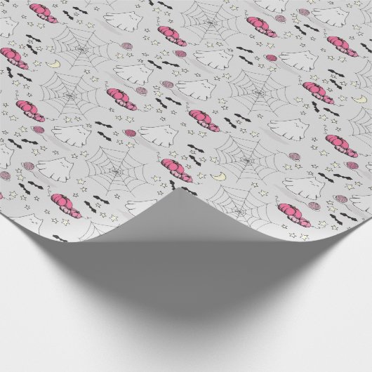 Rosa und Grau Halloween Niedliches Katzenghost Geschenkpapier (Ecke)
