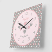 Rosa und Grau mit Polka-Punkten und Name Quadratische Wanduhr (Winkel)
