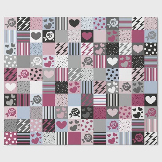Rosa und Grau Patchwork-Herzen Geschenkpapier (Flach)