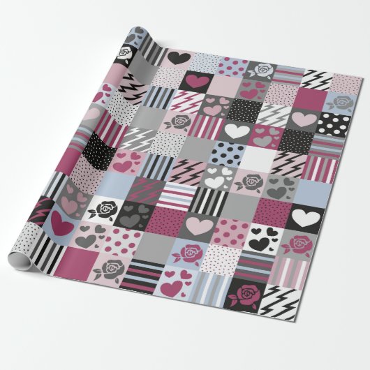 Rosa und Grau Patchwork-Herzen Geschenkpapier (Ungerollt)