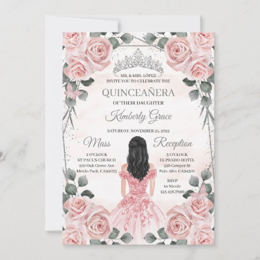 Rosa und Grau Prinzessin Quinceanera Geburtstag Einladung (Vorderseite)