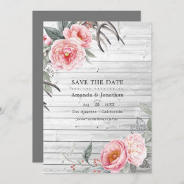 Rosa und grau Rustikale Bohemische Blumenhochzeit Save The Date