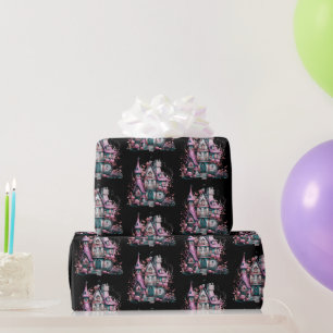 Rosa und Grau Spukhaus-Muster Halloween Geschenkpapier