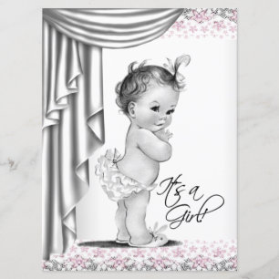 Rosa und Grau Vintage-Baby-Mädchen-Party Einladung