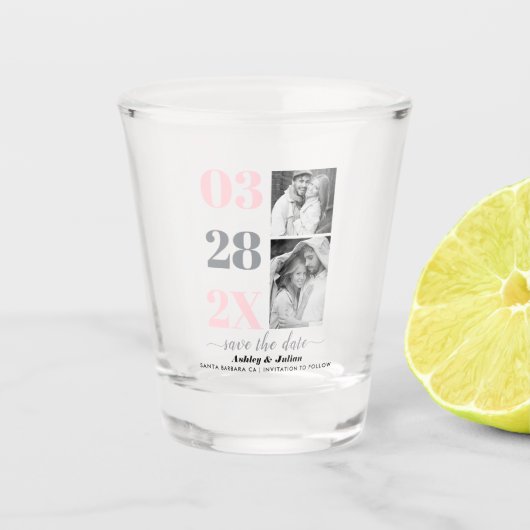 Rosa und grau, zwei Foto Save the Date Schnapsglas (Vorderseite)