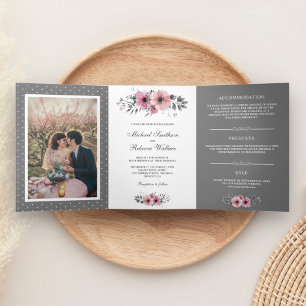 Rosa und Graue Aquarell-Blumen-Foto-Hochzeit Dreifach Gefaltete Einladung
