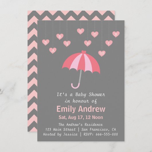 Rosa und graue Baby-Dusche mit Liebe und Einladung (Vorne/Hinten)