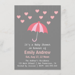 Rosa und Graue Babyparty mit Liebe und Regenschirm Einladung