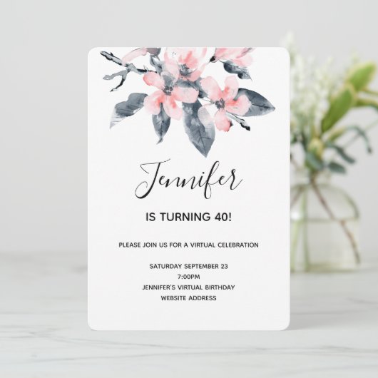 Rosa und graue Blume Aquarell Virtueller Geburtsta Einladung (Stehend Vorderseite)