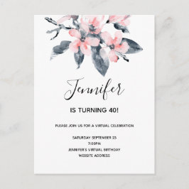 Rosa und graue Blume Aquarell Virtueller Geburtsta Einladungspostkarte
