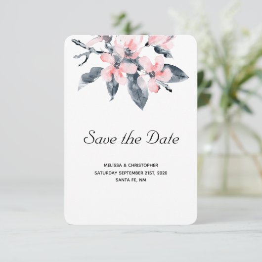 Rosa und graue Blume Hochzeit mit klassischer Wass Save The Date (Stehend Vorderseite)