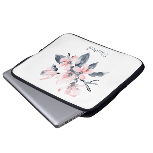 Rosa und graue Blume Klasse Wasserfarbe Laptopschutzhülle (Vorne Knopf)