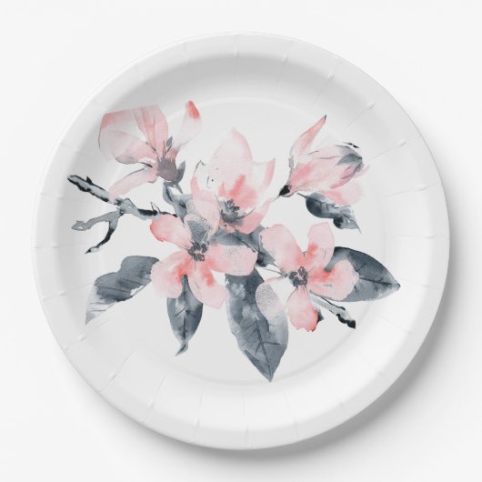 Rosa und graue Blume Klasse Wasserfarbe Pappteller (Vorderseite)