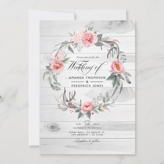 Rosa und graue Blumenkodierung QR UAWG Bohemische  Einladung (Vorderseite)