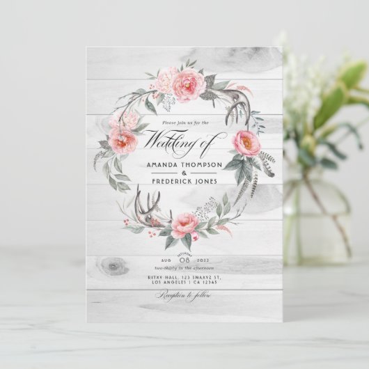 Rosa und graue Blumenkodierung QR UAWG Bohemische  Einladung (Stehend Vorderseite)