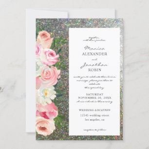 Rosa und Graue Blumige Hochzeit mit Silber Glitter Einladung