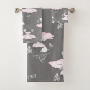 Rosa und Graue Couture-Ballerina-Mädchen Whimsical Badhandtuch Set