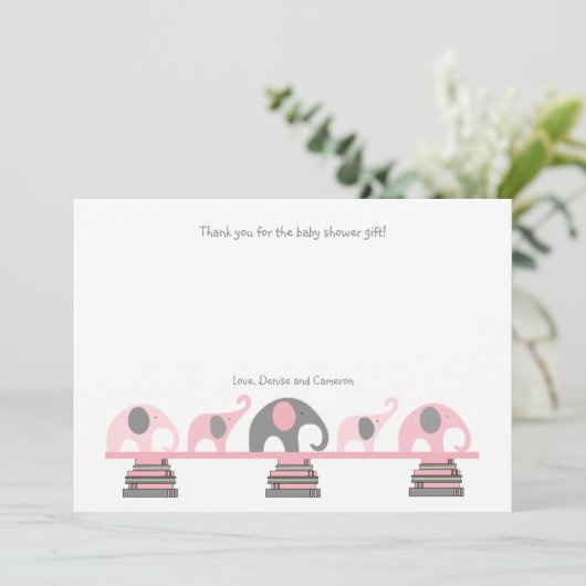 Rosa und graue Elefantbuch-Babyparty danken Ihnen Dankeskarte (Stehend Vorderseite)