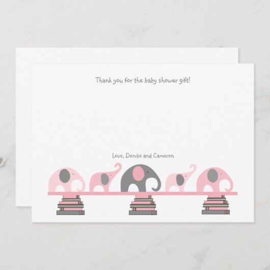 Rosa und graue Elefantbuch-Babyparty danken Ihnen Dankeskarte (Vorne/Hinten)