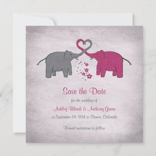 Rosa und graue Elefantenhochzeit speichern das Dat Save The Date (Vorderseite)