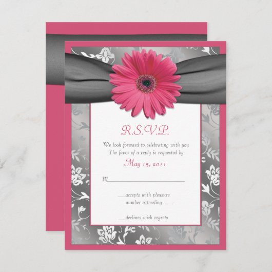 Rosa und graue florale Damaskus-Hochzeitskarte RSVP Karte (Vorne/Hinten)