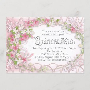 Rosa und Graue Florale Quinceañera Einladung