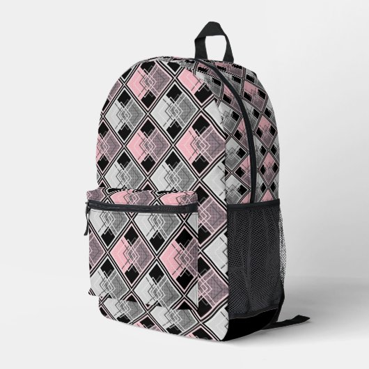 rosa und graue geometrische Patchwork #patchwork Bedruckter Rucksack (Rückseitige Ecke Rechts)