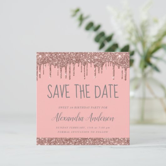 Rosa und graue Glitzer Sweet 16 Save the Date Einladung (Stehend Vorderseite)