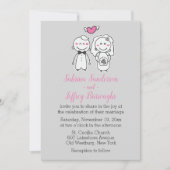 Rosa und graue Hochzeitsbraun und Cartoon Einladung (Vorderseite)