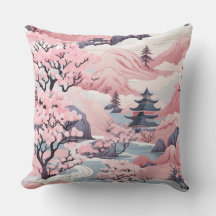 Rosa und graue japanische Landschaft Throw Kissen