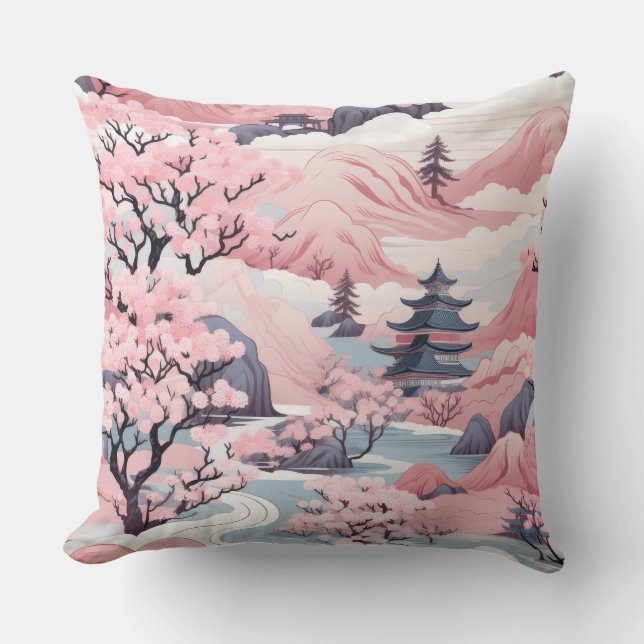 Rosa und graue japanische Landschaft Throw Kissen (Vorderseite)